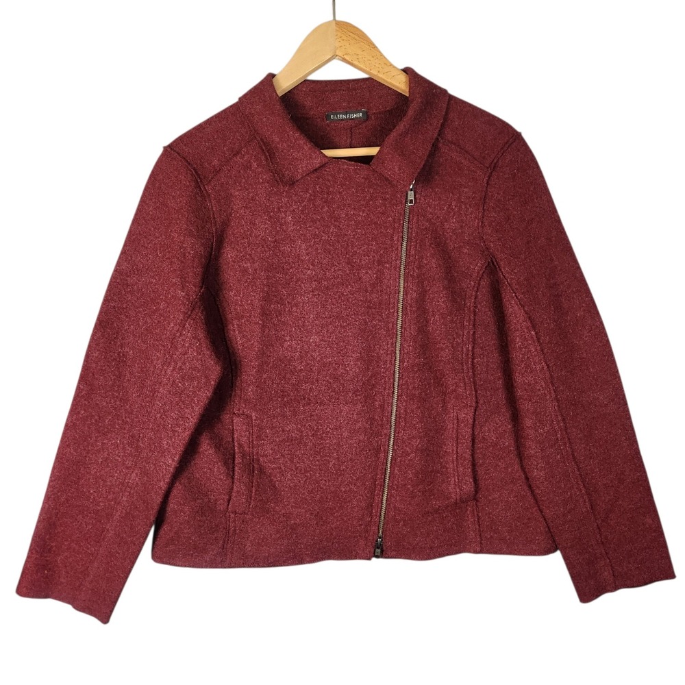Eileen Fisher Moto Jacket Medium Burgundy Boiled Wool Asymmetrical Zip Front